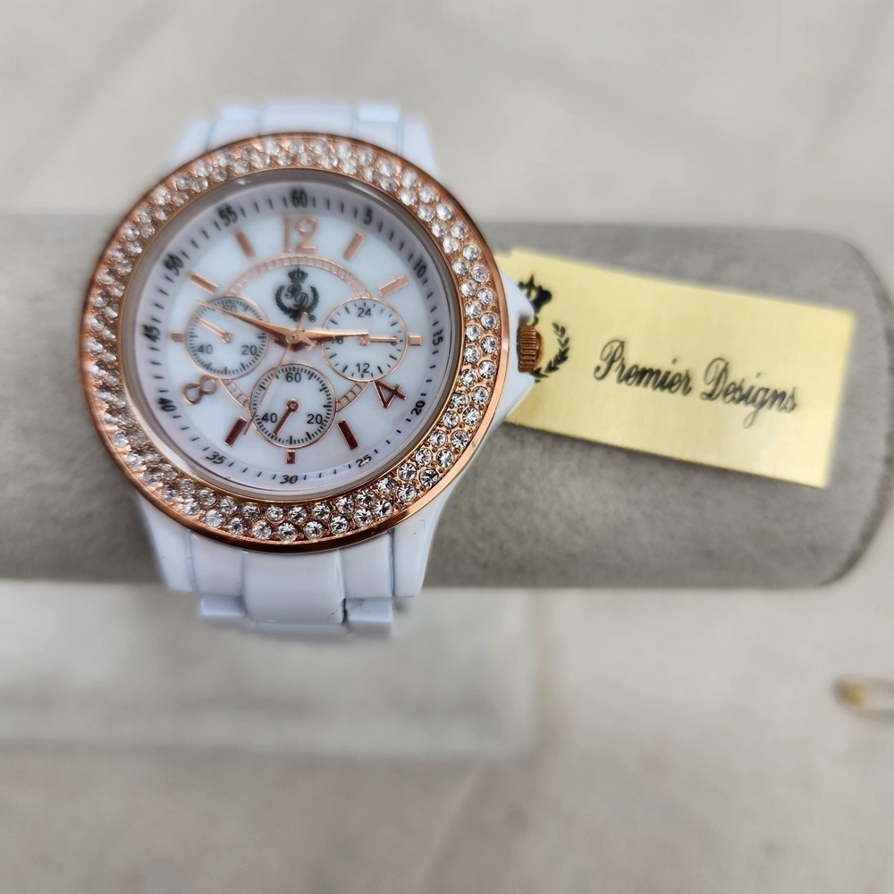 Premier Designs Womens Watch White Rose Tone Bracelet Rhinestone Needs Battery